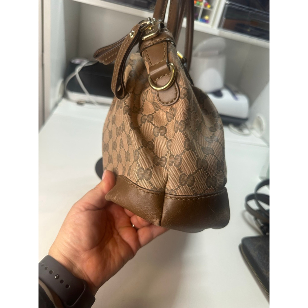 Women's Gucci Monogram Canvas Leather Trim Satchel Bag Brown/Tan One Size - Picture 6 of 16